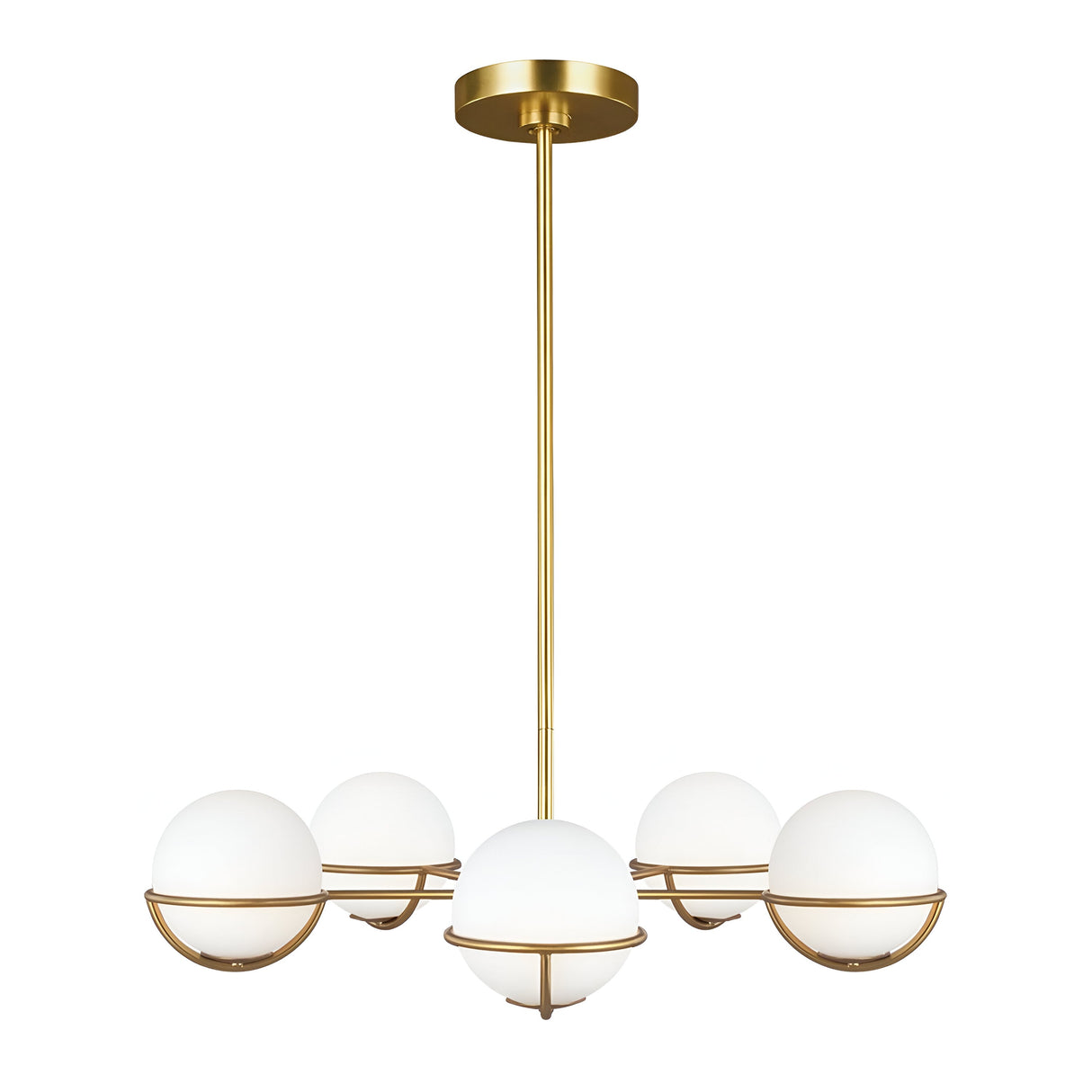 The Apollo 5 Light Chandelier - Burnished Brass features a sophisticated design with five spherical white opal etched glass shades gracefully positioned around a central rod, making it an ideal choice for a contemporary aesthetic.