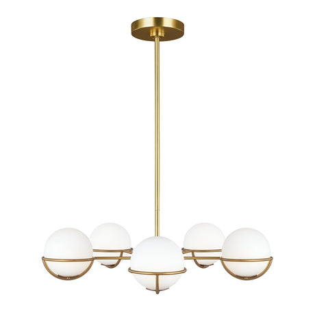 The Apollo 5 Light Chandelier - Burnished Brass features a sophisticated design with five spherical white opal etched glass shades gracefully positioned around a central rod, making it an ideal choice for a contemporary aesthetic.
