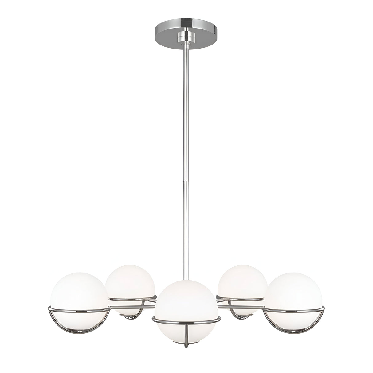 The Apollo 5 Light Chandelier - Polished Nickel features opal etched glass globes elegantly arranged in a circular pattern. This sophisticated fixture is supported by a polished nickel frame and suspended from the ceiling with a straight rod, capturing a minimalist and contemporary aesthetic.