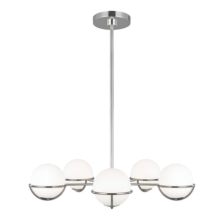 The Apollo 5 Light Chandelier - Polished Nickel features opal etched glass globes elegantly arranged in a circular pattern. This sophisticated fixture is supported by a polished nickel frame and suspended from the ceiling with a straight rod, capturing a minimalist and contemporary aesthetic.