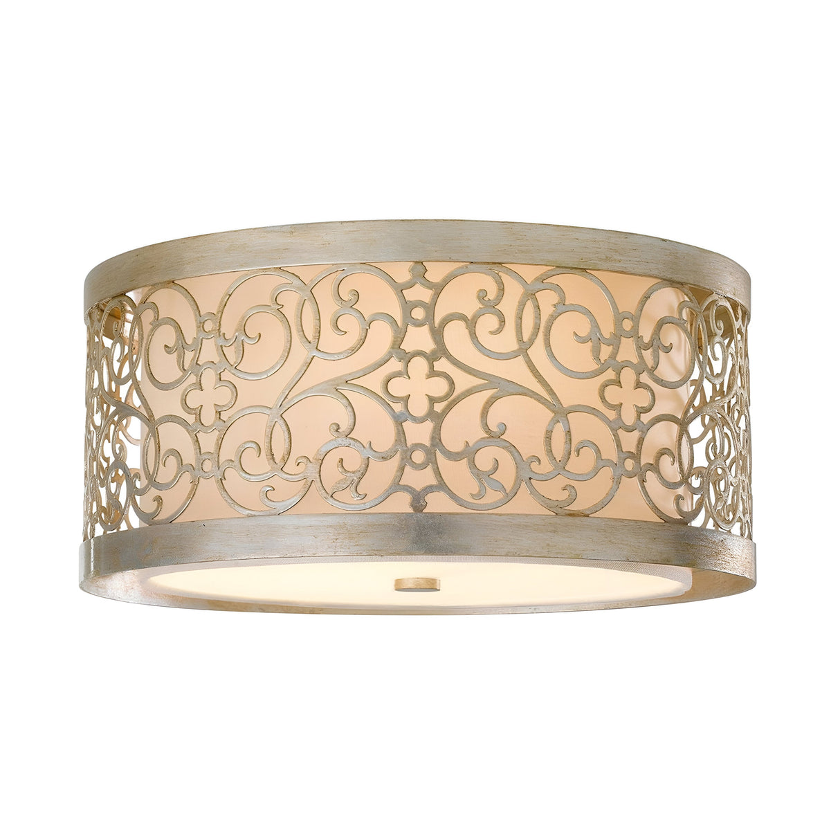 The Arabesque 2 Light Flush - Silver Leaf Patina is a decorative ceiling light showcasing a cylindrical design. Its intricate laser-cut scrollwork patterns and silver leaf patina frame surround a gentle, diffused light, creating an elegant ambiance.