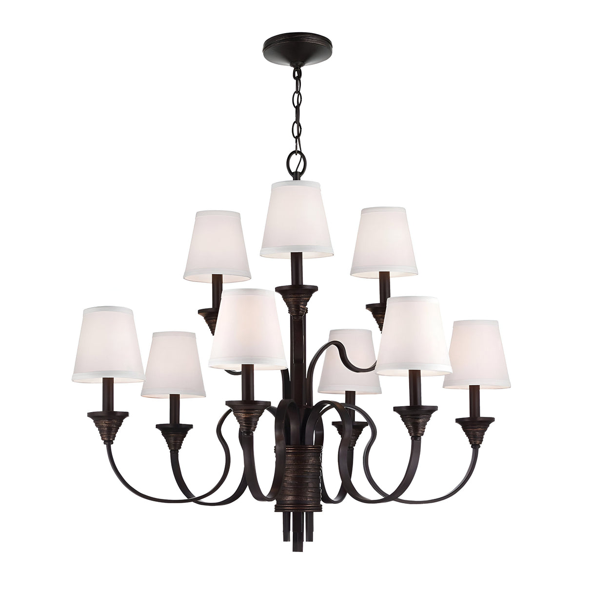 The Feiss Arbor Creek 9 Light Chandelier in bronze offers a stunning addition to transitional interiors, with its large black frame and chain supporting multiple curved arms. Each arm is adorned with a white lampshade, elegantly merging modern and traditional design elements.