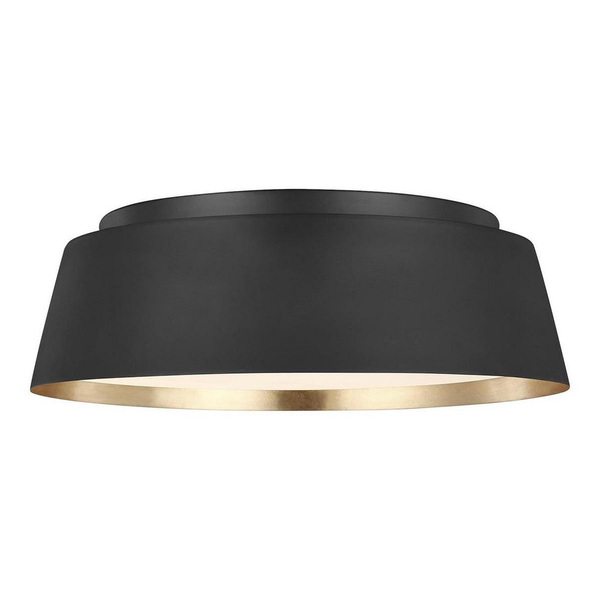 The Asher 3 Light Flush - Midnight Black & Gold is a modern ceiling light fixture featuring a wide, slightly tapered drum shape with a flat top. It offers sleek contemporary style and ambient lighting to enhance any room.