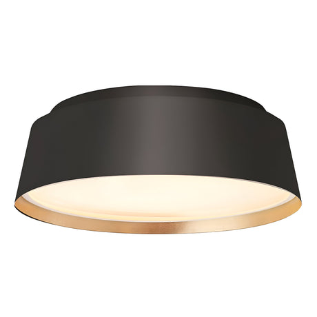 The Asher 3 Light Flush - Midnight Black & Gold showcases a sleek drum-shaped shade with a gilded trim, offering soft ambient lighting that enhances its modern design, bringing warmth and elegance to any room.