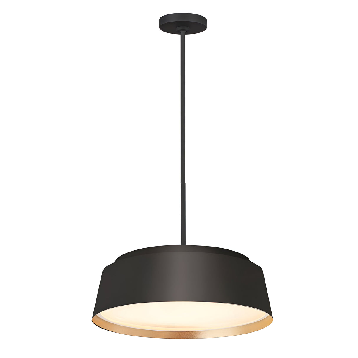 The Asher 5 Light Pendant in Midnight Black & Gold features an industrial-inspired design with a wide, circular shade suspended from a slim rod. The white interior of the shade softly diffuses modern lighting.