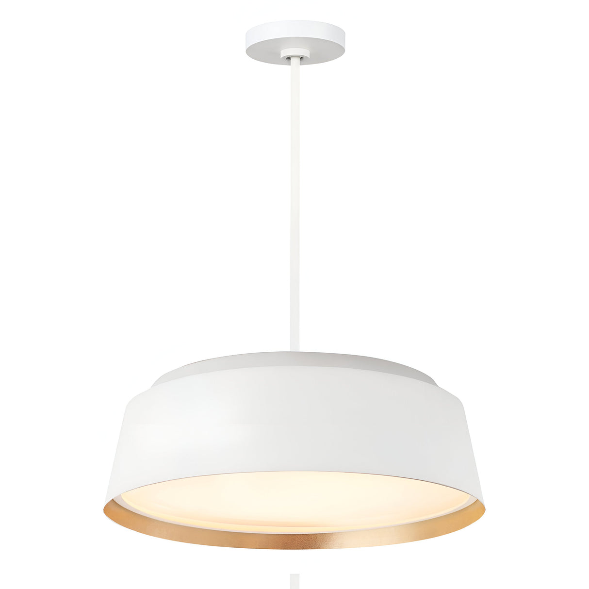 The Asher 5 Light Pendant - Matte White & Gold is a contemporary lighting fixture that showcases a streamlined design with gold accents on the inner rim. It hangs from a white cord connected to its round ceiling mount, offering modern interior illumination that casts a warm glow downward to elevate any room.
