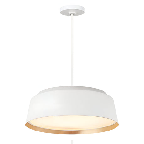 The Asher 5 Light Pendant - Matte White & Gold is a contemporary lighting fixture that showcases a streamlined design with gold accents on the inner rim. It hangs from a white cord connected to its round ceiling mount, offering modern interior illumination that casts a warm glow downward to elevate any room.