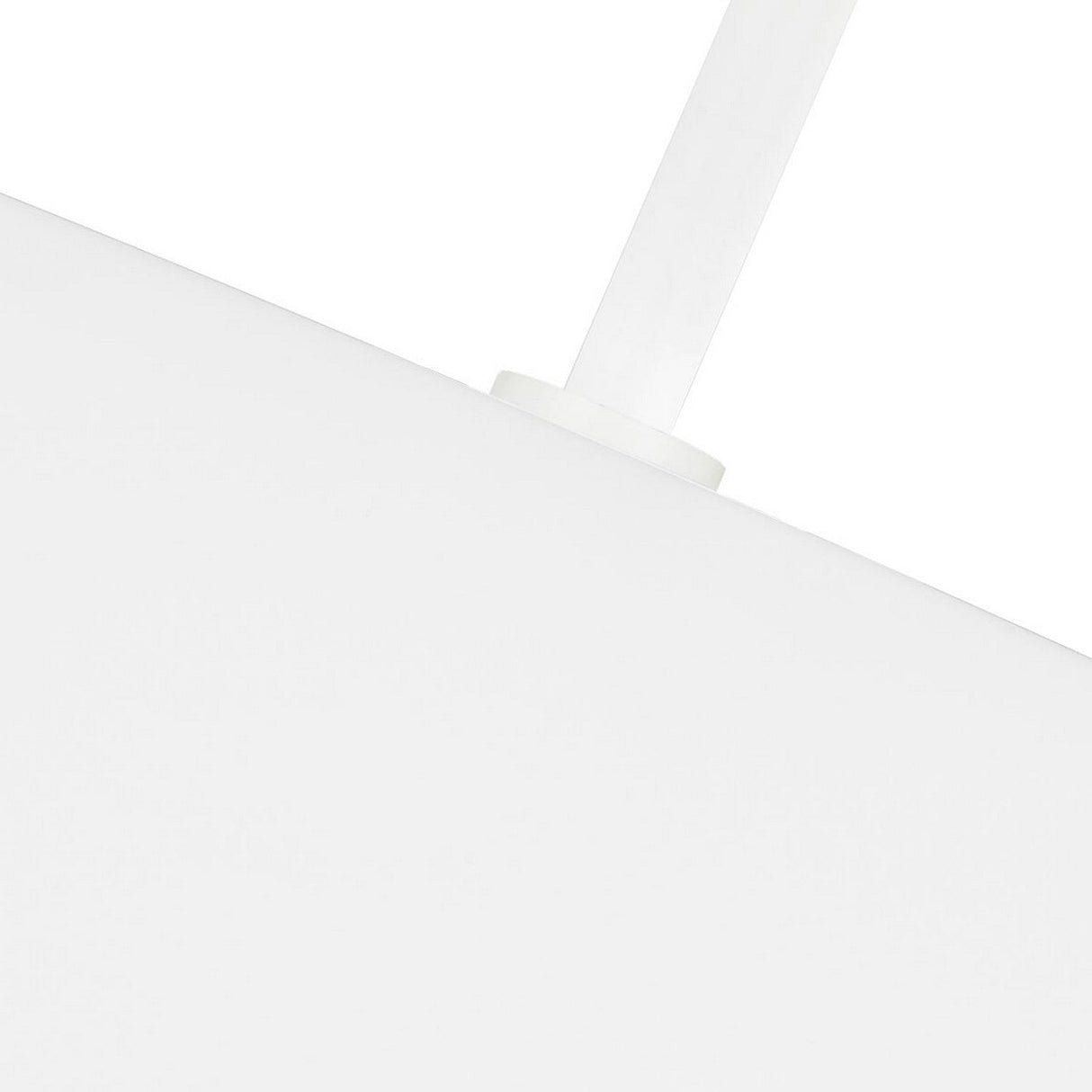 Close-up of the Asher 5 Light Pendant in matte white and gold. This minimalist pendant light fixture showcases a modern design with a simple cylindrical rod connecting it to the ceiling, and its geometric shape strikingly contrasts against the bright white background.