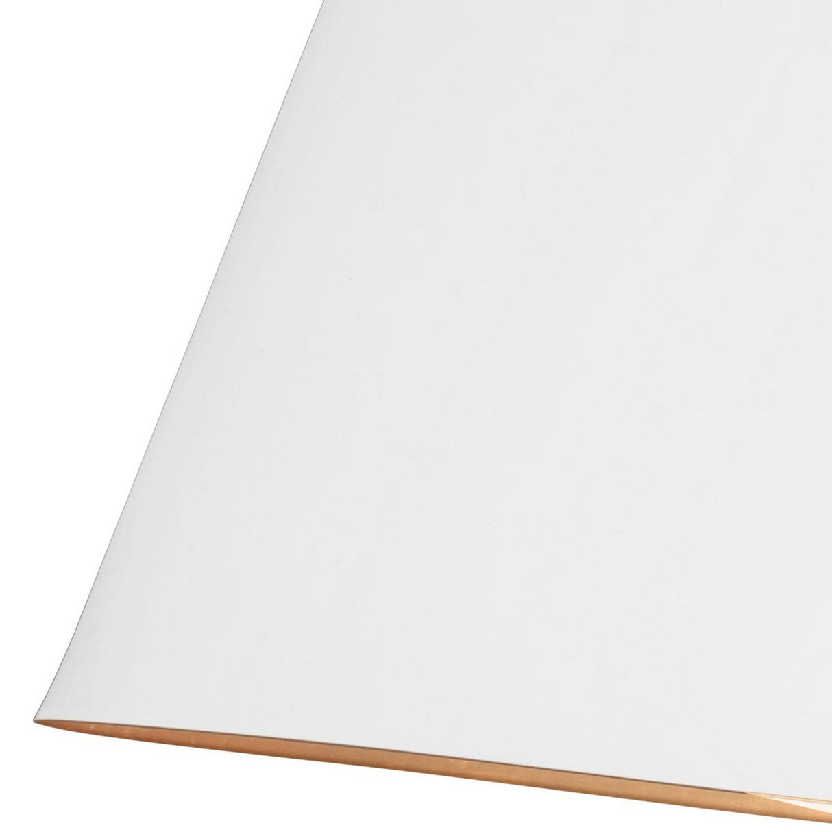 Detailed view of the Asher 5 Light Pendant in Matte White & Gold, showcasing a conical lampshade with a slightly indented top edge and a thin gold inner lining. The shade gracefully curves and flares at the base, offering a contemporary lighting solution against a stark white backdrop.