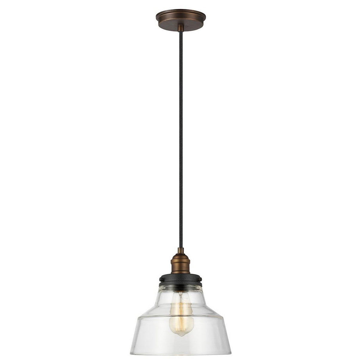 Introducing the Baskin-1 1 Light Pendant, showcasing a clear glass shade with painted aged brass and dark weathered zinc details. This piece radiates rustic charm, with an exposed bulb gracefully hanging from a black cord and accompanied by a harmonizing ceiling mount that enhances its timeless design.