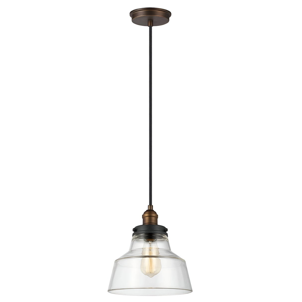 The Baskin-1 Light Pendant features a clear glass shade and an exposed bulb, suspended from a black cord. The fixture showcases a dark weathered zinc finish on the mount and socket, offering a blend of rustic charm with industrial-inspired design for a modern appearance.