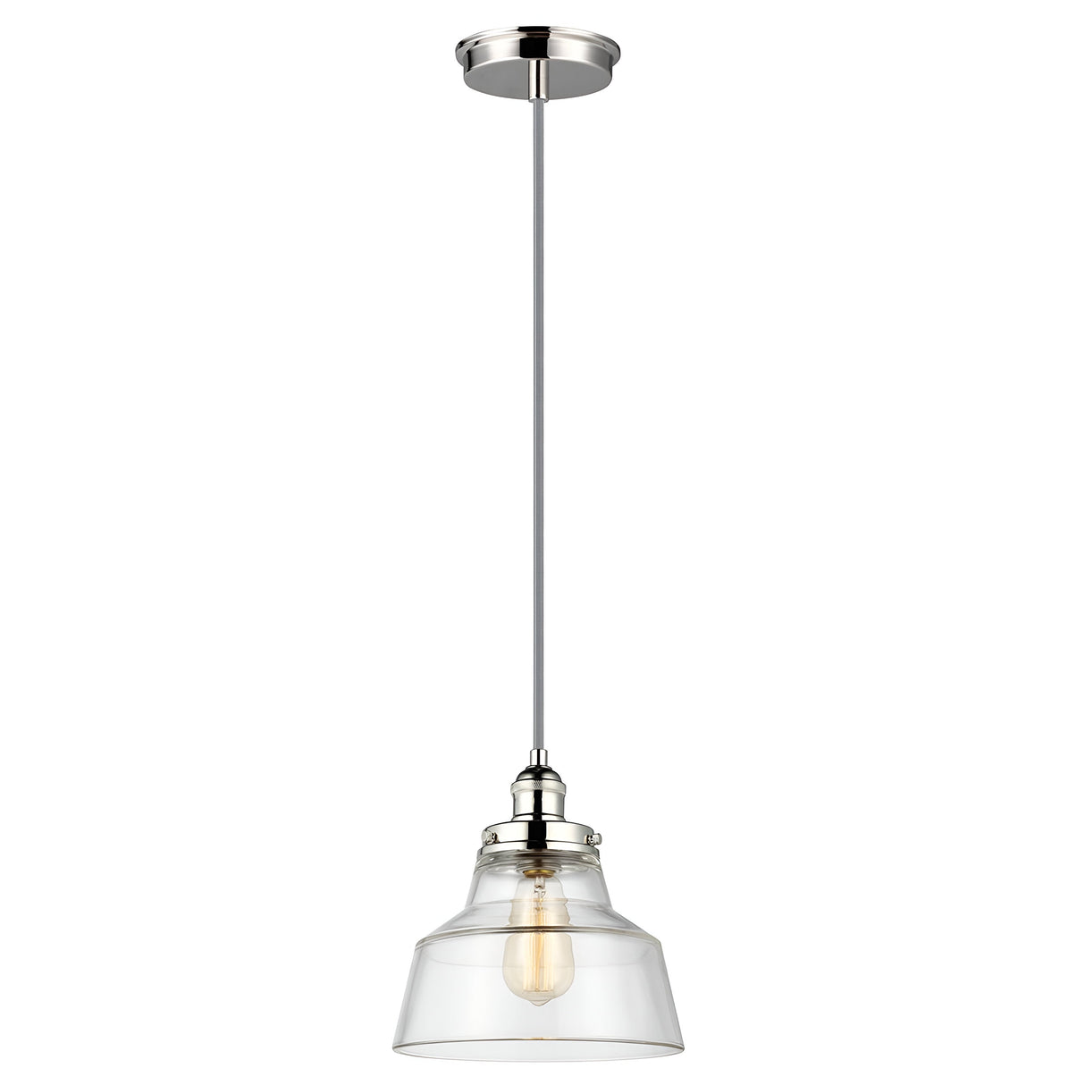 Introducing the Baskin-1 1 Light Pendant in polished nickel, featuring a clear glass shade and a visible bulb that enhances its modern, minimalist charm. Elegantly suspended by a thin silver-colored cord, this pendant light adds sophistication to any space.