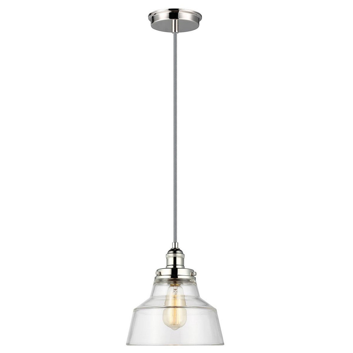 The Baskin-1 1 Light Pendant in Polished Nickel showcases a chic pendant light with a clear glass shade and a visible filament bulb, suspended from an aged brass ceiling fixture by a straight cord. Its sleek design elegantly merges contemporary and industrial styles.
