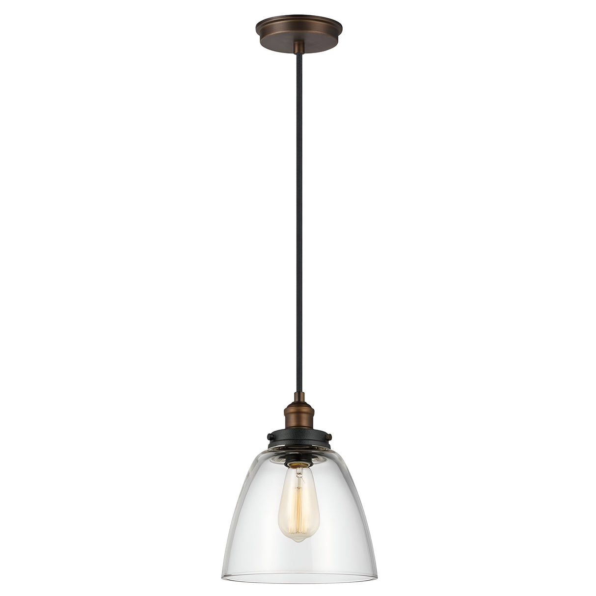 The Baskin-2 1 Light Pendant, designed with a dome-shaped clear glass shade, a long black rod, and a painted aged brass base paired with dark weathered zinc accents, showcases an exposed bulb design that brings an elegant touch to any space.