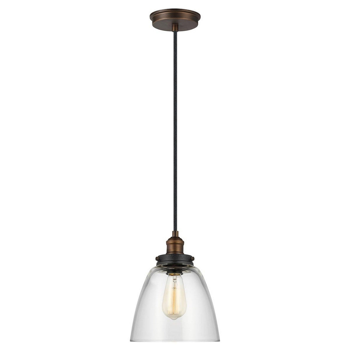 A contemporary pendant light featuring a clear glass shade and an exposed filament bulb is suspended from a painted aged brass and dark weathered zinc fixture, known as the Baskin-2 1 Light Pendant.