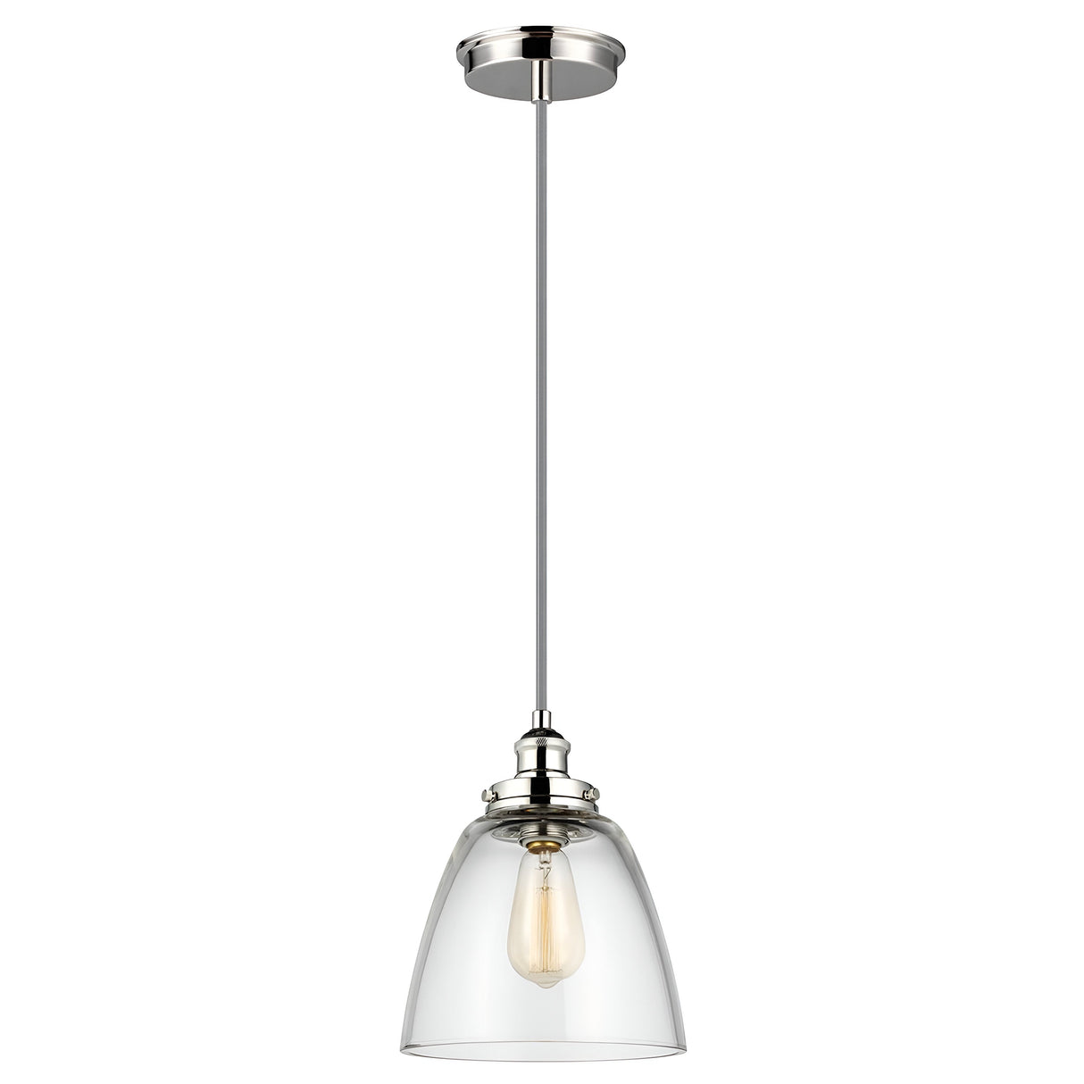 The Baskin-2 1 Light Pendant in Polished Nickel highlights a sleek metal fixture paired with a clear glass shade. Inside, a single elongated bulb is on display, offering modern aesthetics and minimalism that complement contemporary interiors perfectly.