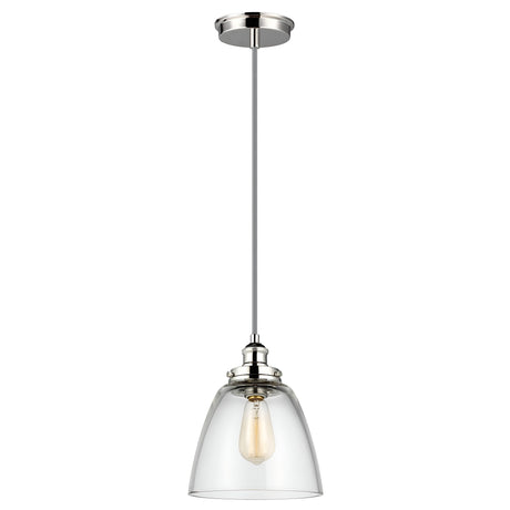The Baskin-2 1 Light Pendant in Polished Nickel highlights a sleek metal fixture paired with a clear glass shade. Inside, a single elongated bulb is on display, offering modern aesthetics and minimalism that complement contemporary interiors perfectly.