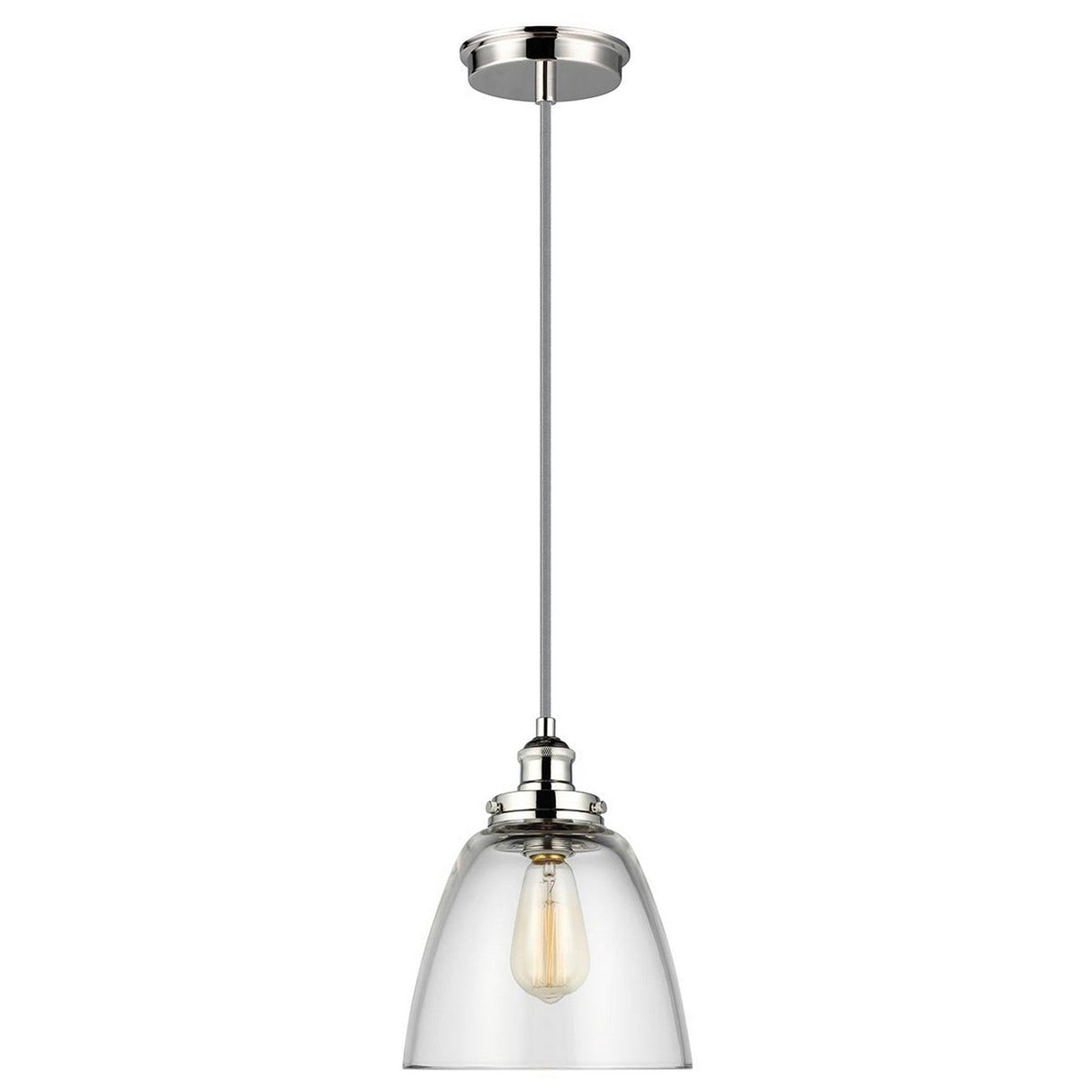 The Baskin-2 1 Light Pendant in polished nickel is a ceiling-mounted light featuring a clear glass shade. It boasts a classic design with a slender adjustable cord, metal fixture, and exposed bulb for sleek modern aesthetics.
