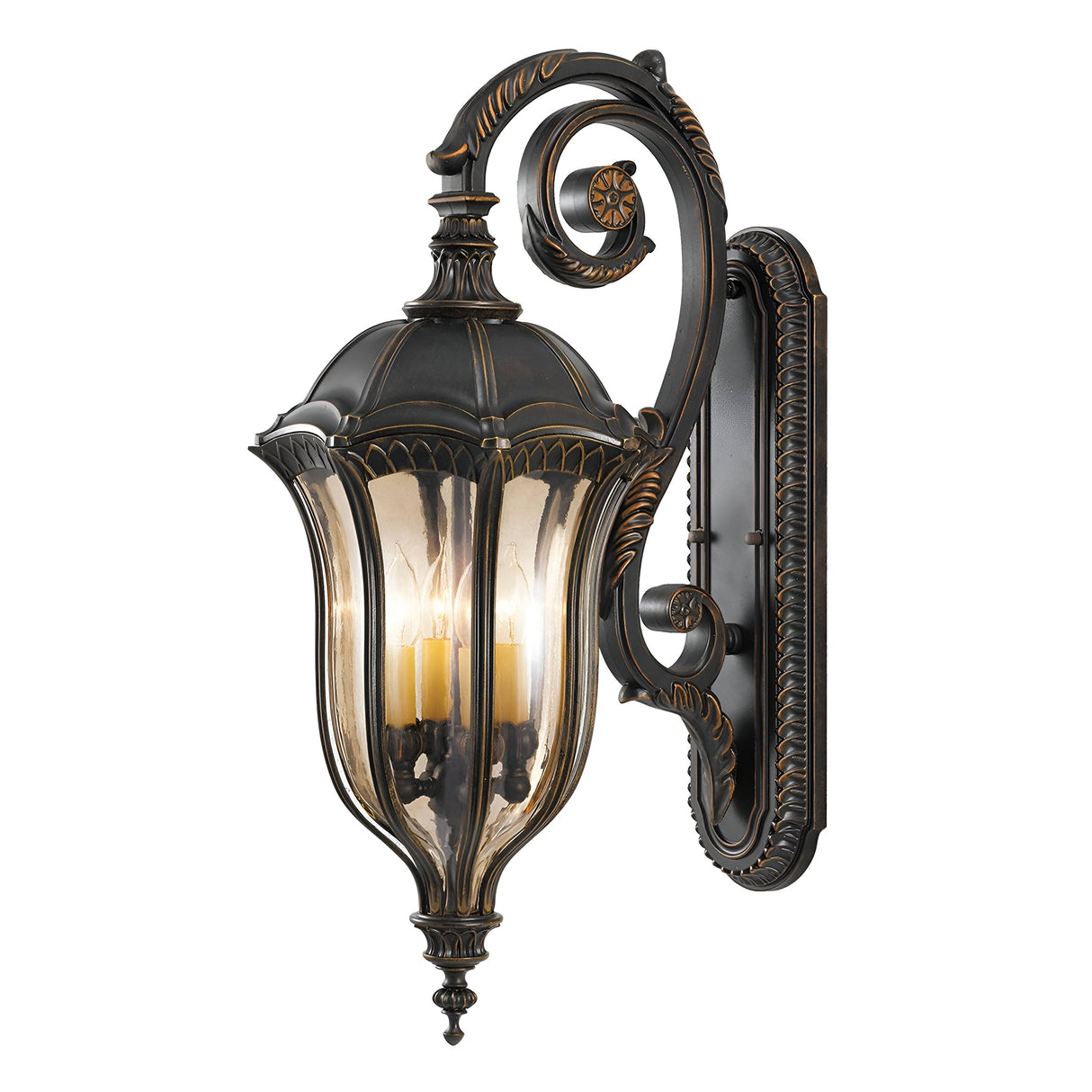 Introducing the Baton Rouge 4 Light Outdoor Large Wall Lantern in a walnut finish, this elegant fixture features ornate scrollwork with a clear glass casing that reveals four candle-style bulbs inside, exuding a classical charm.