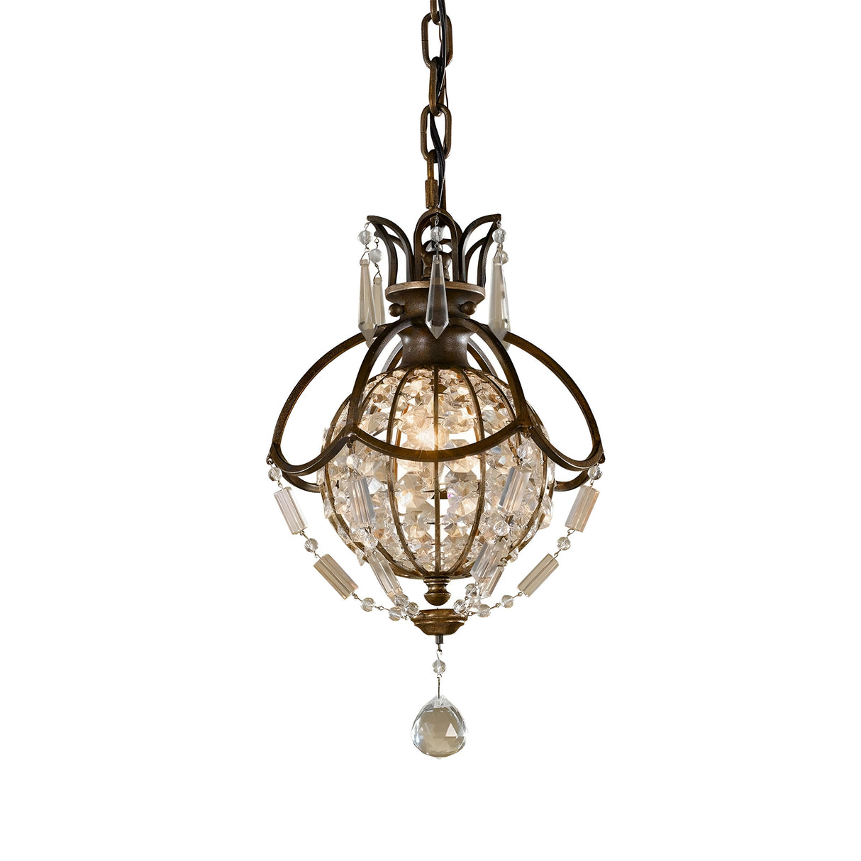 The Bellini 1 Light Pendant Light - Oxidized Bronze/British Bronze features an ornate, vintage-style design with an oxidized bronze frame adorned with intricate detailing and antique quartz crystals. Suspended by a chain and embellished with beaded strands, it adds a touch of elegance and sophistication.