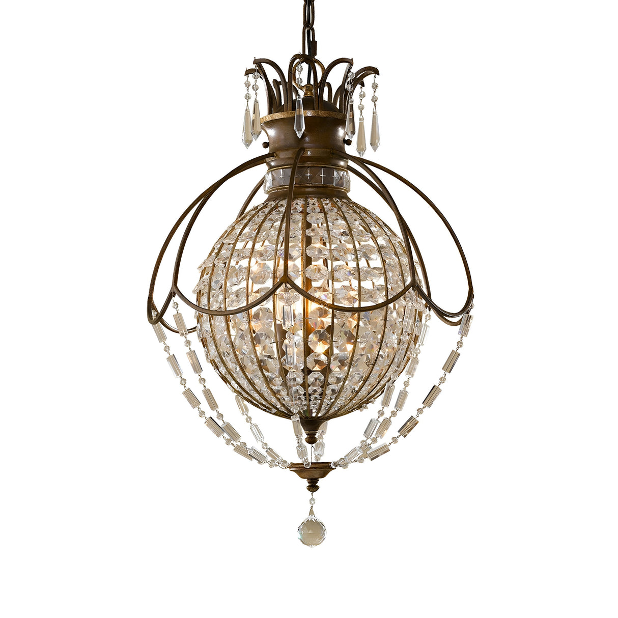 The Bellini 3 Light Chandelier in Oxidized Bronze/British Bronze features a spacious spherical design with an intricate metal frame, embellished with antique quartz crystals and beads. It emits a warm glow reminiscent of the 1920's French Chateau style, enhancing its decorative elements.