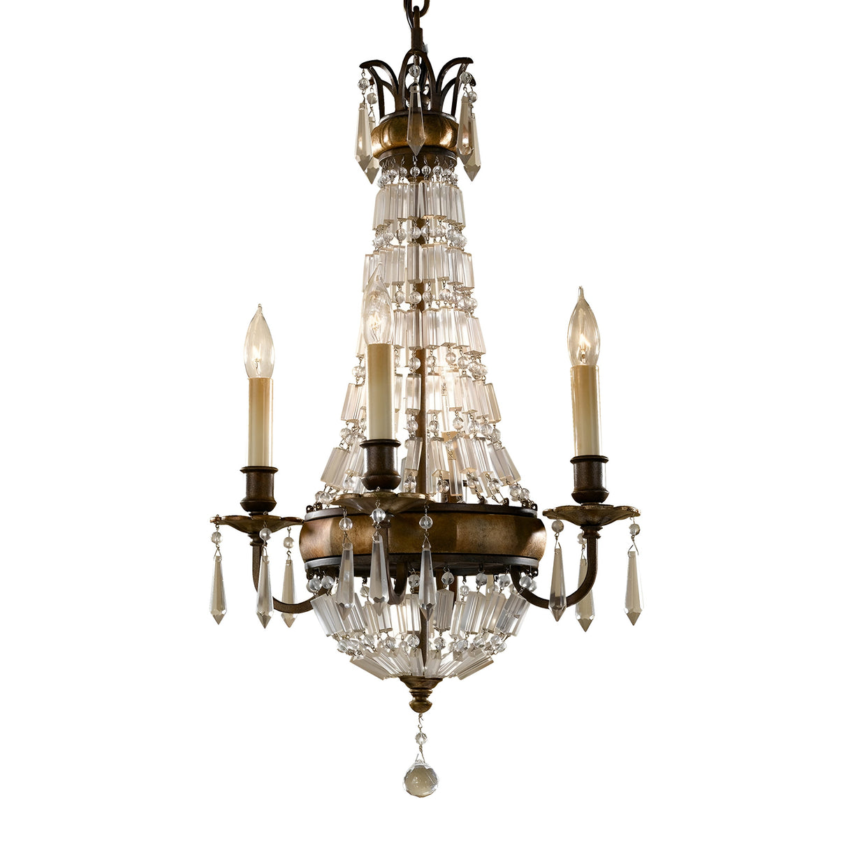 The Bellini 4 Light Chandelier - Oxidized Bronze/British Bronze showcases an antique quartz crystal design with two candle-shaped light bulbs and several tiers of shining prisms. Its ornate detailing is highlighted by an oxidized bronze frame, gracefully suspended from a chain.