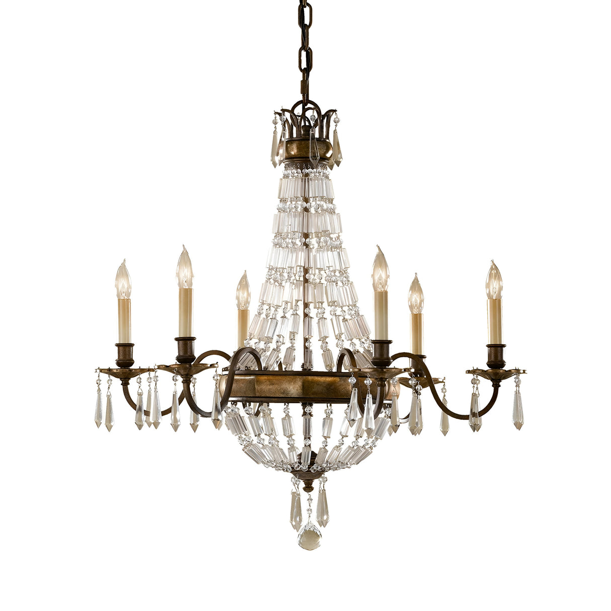 The Bellini 6 Light Chandelier in Oxidized Bronze/British Bronze presents a vintage charm with its six candle-shaped light bulbs arranged in a circular formation. It showcases intricate metalwork and dangling antique quartz crystals, all elegantly suspended by a chain, epitomizing luxury lighting.