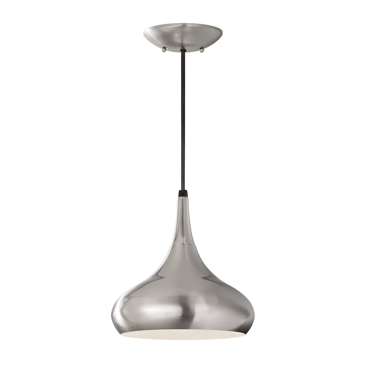 A sleek silver Beso 1 Light Medium Pendant with a brushed steel finish hangs from the ceiling, showcasing its smooth, modern design with a wide, rounded shade and a narrow stem. This fixture is minimalist yet elegantly embodies retro lighting influences.