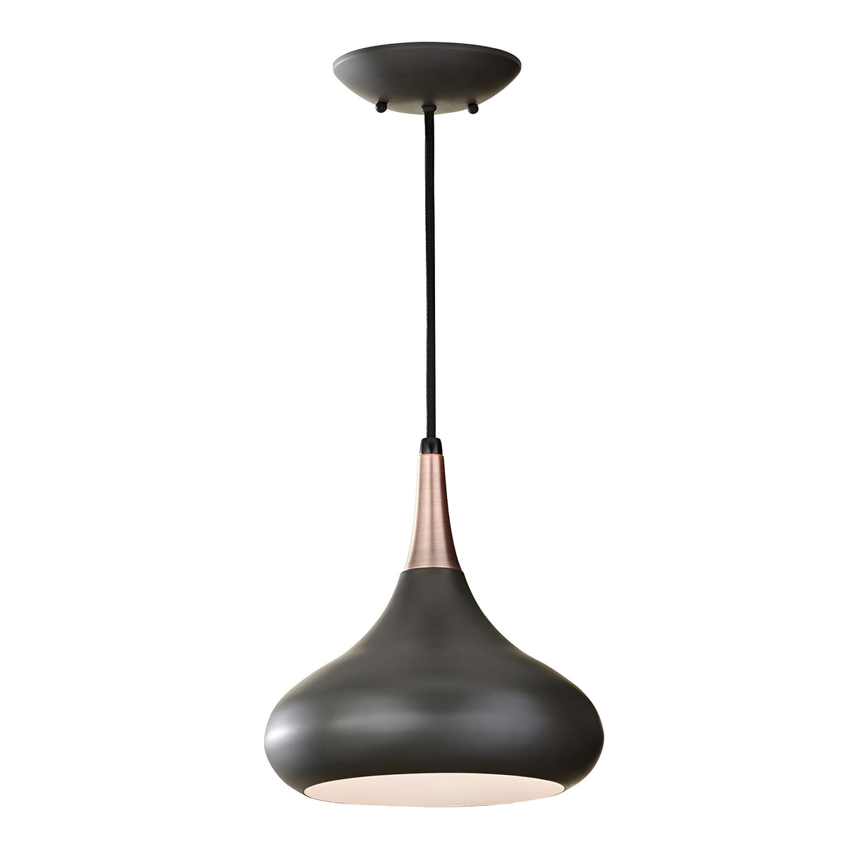 Introducing the Beso 1 Light Medium Pendant - Dark Bronze, a contemporary lighting fixture featuring a sleek black shade and copper neck. It exudes vintage sophistication while elegantly suspended from a ceiling mount.