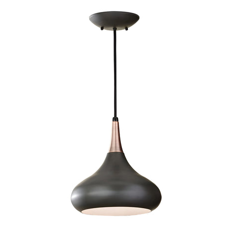 Introducing the Beso 1 Light Medium Pendant - Dark Bronze, a contemporary lighting fixture featuring a sleek black shade and copper neck. It exudes vintage sophistication while elegantly suspended from a ceiling mount.