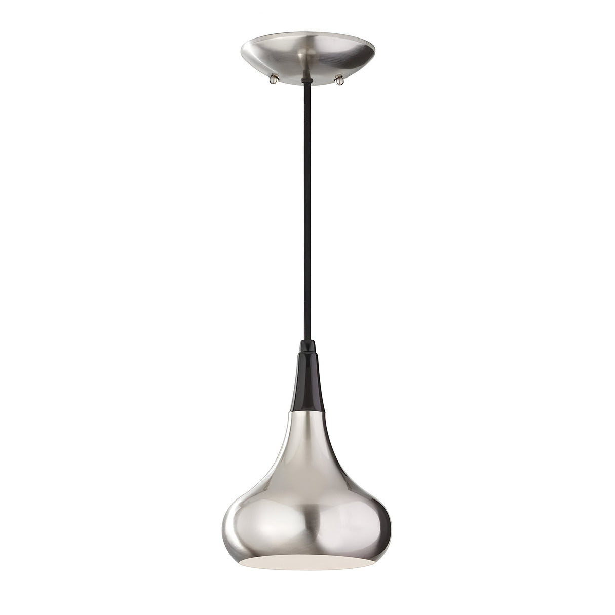 The Beso 1 Light Mini Pendant - Brushed Steel is a contemporary mini pendant light with a sleek, retro design. It features a polished metallic dome shade in brushed steel, complemented by a black cord and elegantly suspended from a round ceiling mount.
