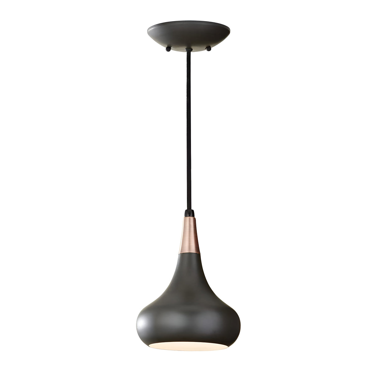 The Beso 1 Light Mini Pendant in Dark Bronze is a contemporary lighting fixture with a matte black and dark bronze finish. It showcases a sleek, teardrop-shaped shade designed for task lighting, suspended from a thin black cord and attached to a circular ceiling mount.