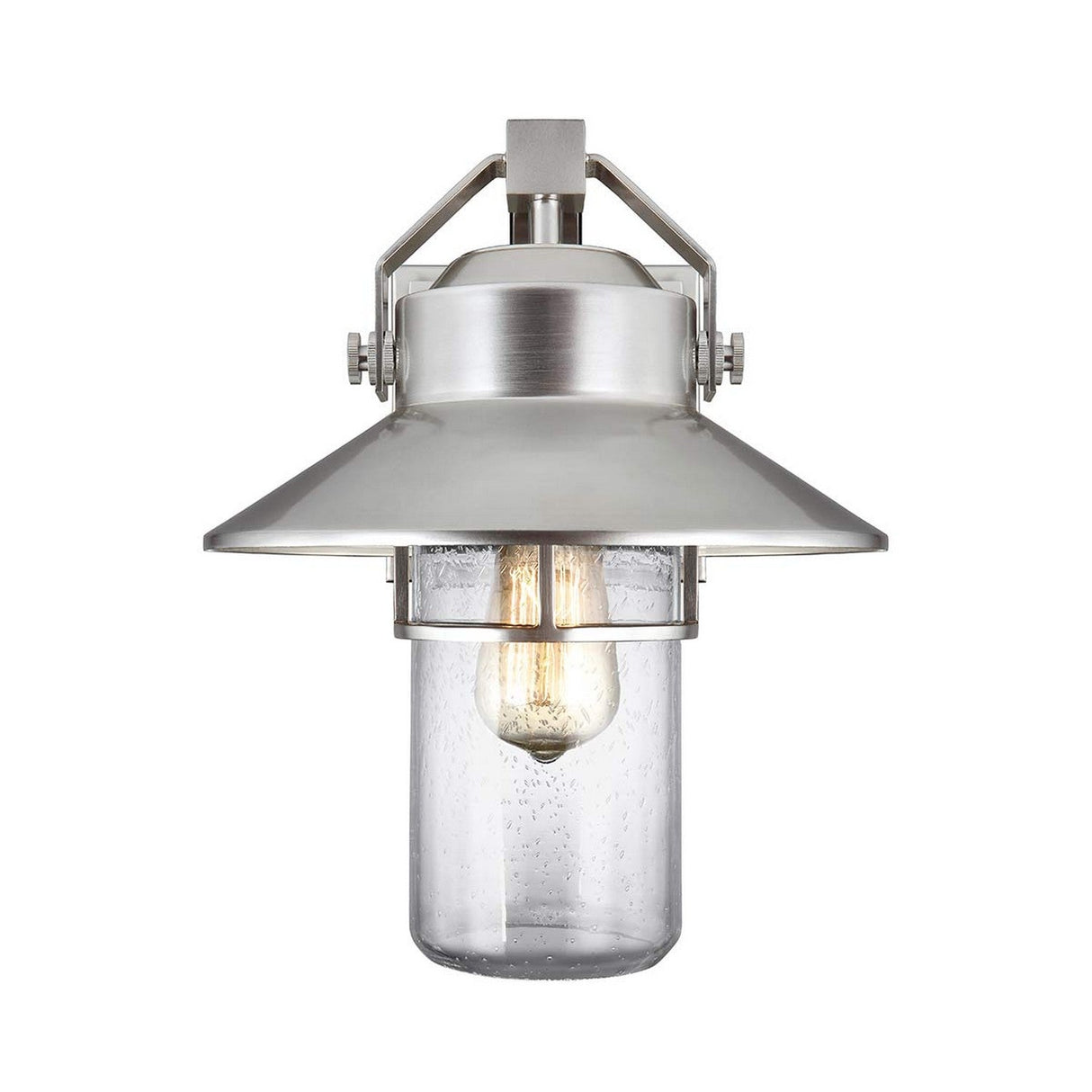 The Boynton 1 Light Outdoor Medium Wall Lantern, crafted in Painted Brushed Steel, features a modern design with a conical top and clear glass cylinder encasing a glowing bulb. Its sleek metal frame and nautical charm make it an ideal weather-resistant fixture for illuminating exterior spaces.