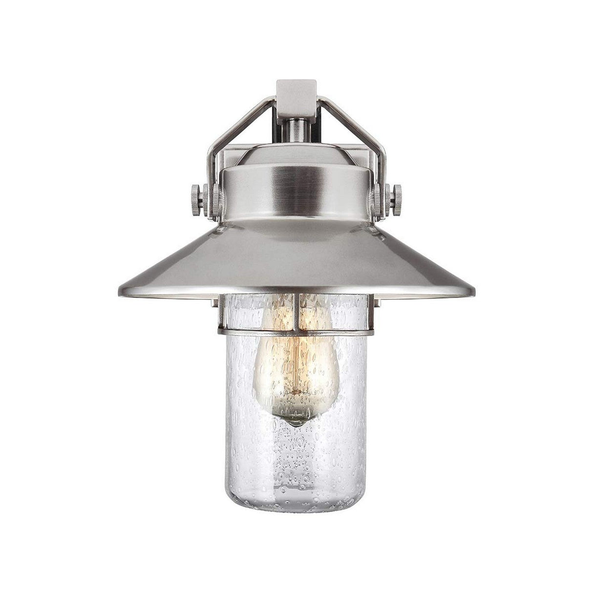 The Boynton 1 Light Outdoor Small Wall Lantern - Painted Brushed Steel is a contemporary wall sconce inspired by industrial-style lanterns. It features a metallic finish with a wide conical shade and boasts a cylindrical clear textured glass housing that encloses a visible light bulb, making it perfect for adding sleek elegance to any space.