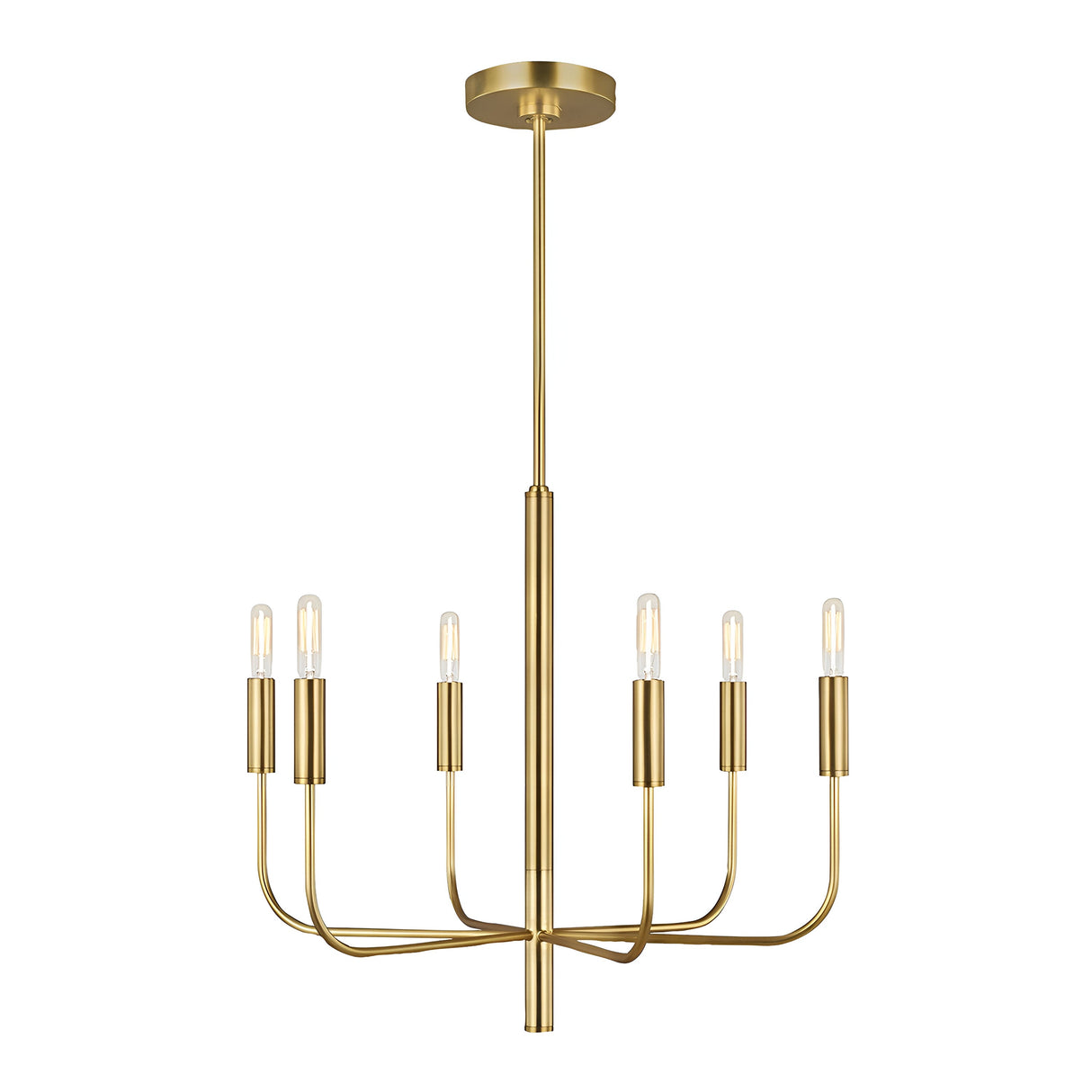 Introducing the Brianna 6 Light Chandelier - Burnished Brass, a masterpiece of modern elegance. This fixture features six elongated cylindrical bulbs on curved arms branching from a central rod. Its sleek, minimalist design and glossy finish add a touch of sophistication to any room.