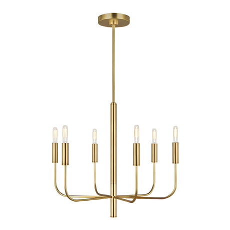 Introducing the Brianna 6 Light Chandelier - Burnished Brass, a masterpiece of modern elegance. This fixture features six elongated cylindrical bulbs on curved arms branching from a central rod. Its sleek, minimalist design and glossy finish add a touch of sophistication to any room.