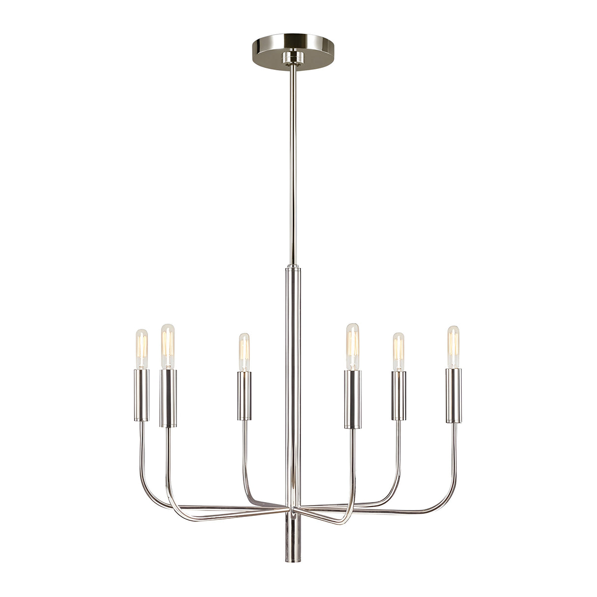 The Brianna 6 Light Chandelier - Polished Nickel showcases a modern design with a polished nickel finish and features six evenly spaced arms. Each arm holds an exposed bulb, contributing to its elegant and minimalist style. The chandelier hangs elegantly from a central rod and circular ceiling mount.