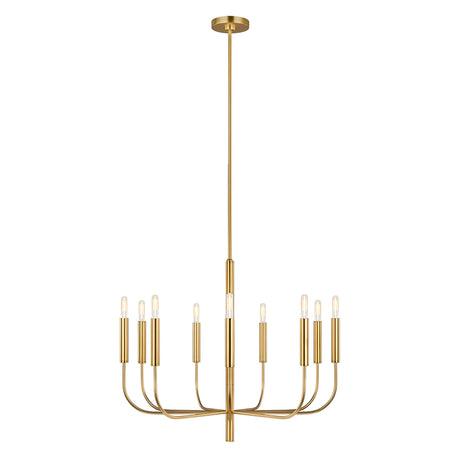 The Brianna 9 Light Chandelier - Burnished Brass features an elegant design with nine upward-curving arms, each adorned with a vertical light bulb. Its minimalist rods extend from a central stem, offering a sleek and contemporary aesthetic.