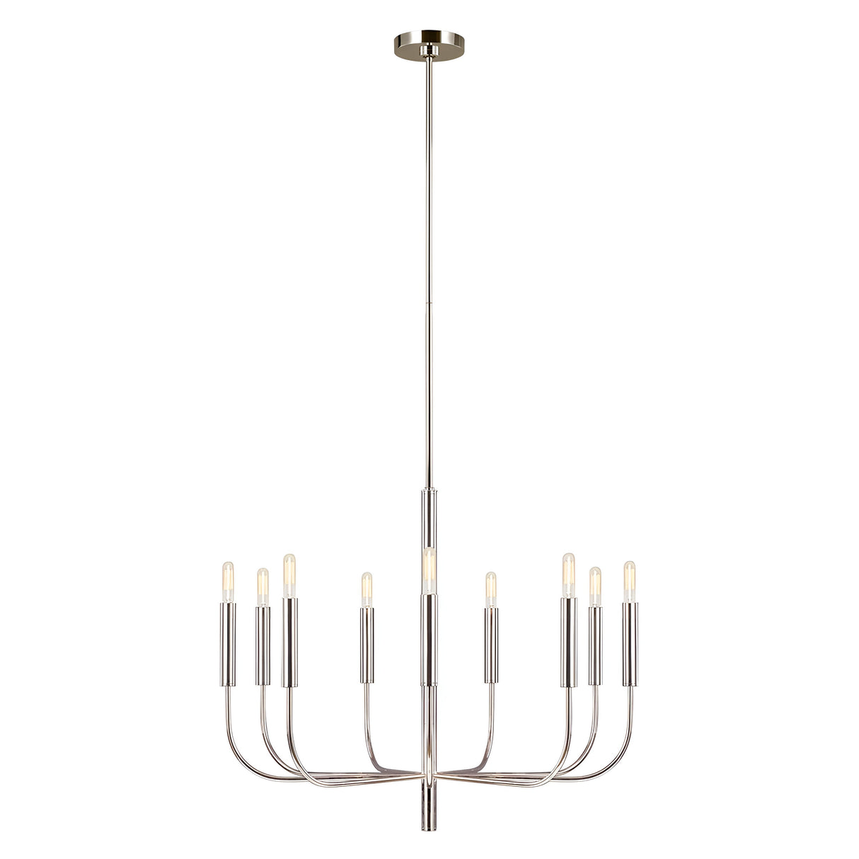 The Brianna 9 Light Chandelier - Polished Nickel is a modern luxury lighting fixture with a sophisticated design, showcasing nine upward-facing, candle-like light bulbs in a symmetrical pattern. It boasts a polished nickel finish and is gracefully suspended from a single central rod.
