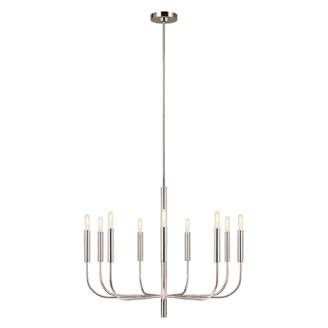 The Brianna 9 Light Chandelier - Polished Nickel is a modern luxury lighting fixture with a sophisticated design, showcasing nine upward-facing, candle-like light bulbs in a symmetrical pattern. It boasts a polished nickel finish and is gracefully suspended from a single central rod.