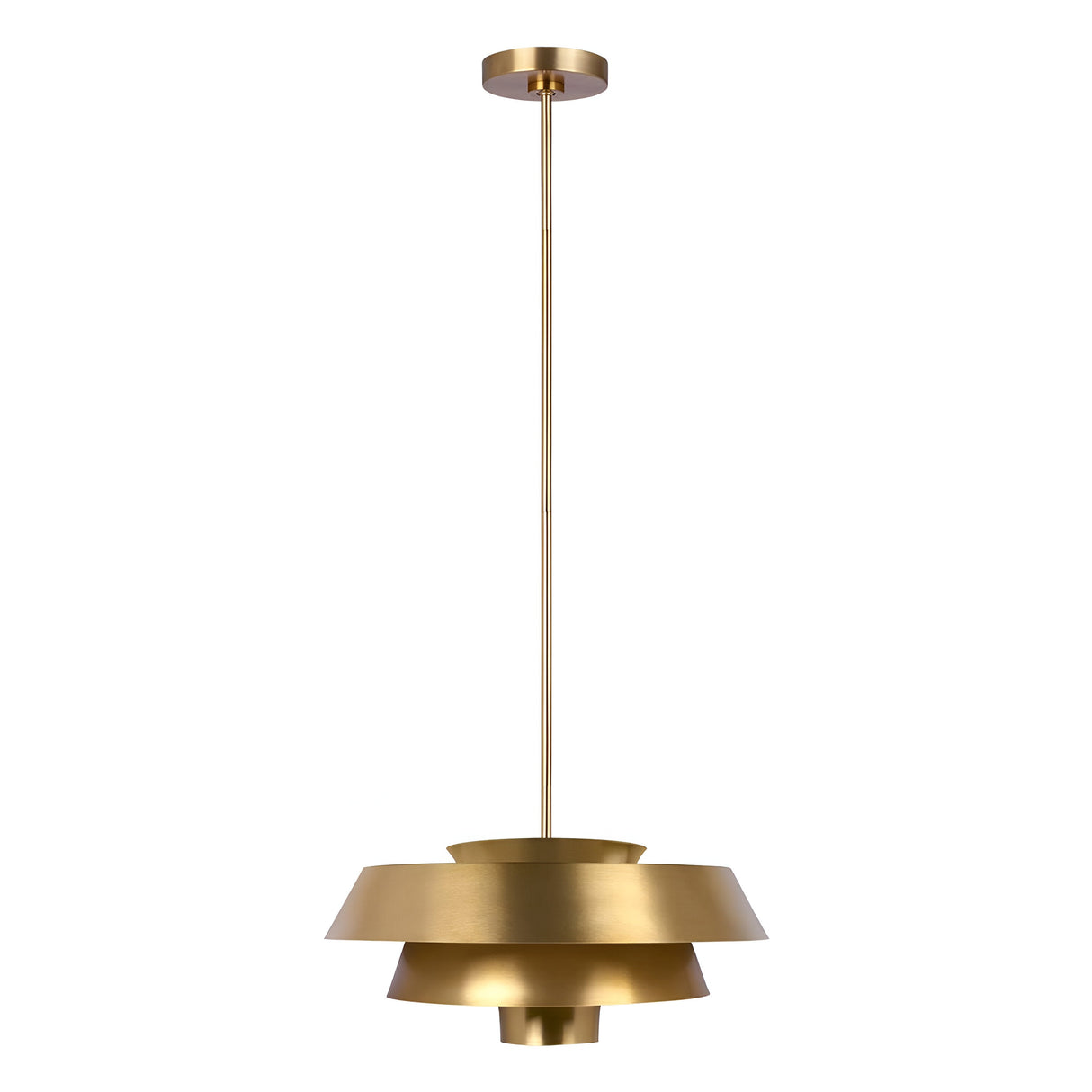 The Brisbin 1 Light Pendant in burnished brass showcases a slim rod and circular base, elegantly highlighted by three stacked, concentric metal shades that capture the essence of mid-century design.