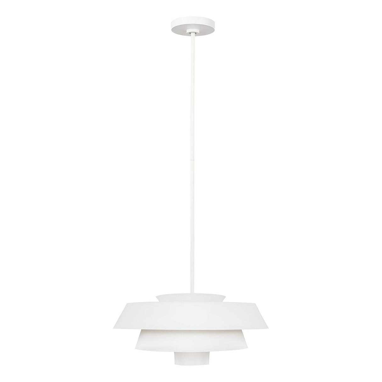 The Brisbin 1 Light Pendant in Matte White hangs from the ceiling, featuring a layered geometric design. With a mid-century aesthetic, it has a central light source surrounded by sleek, overlapping discs, offering a sophisticated ambient glow to any space.