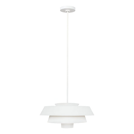 The Brisbin 1 Light Pendant in Matte White hangs from the ceiling, featuring a layered geometric design. With a mid-century aesthetic, it has a central light source surrounded by sleek, overlapping discs, offering a sophisticated ambient glow to any space.