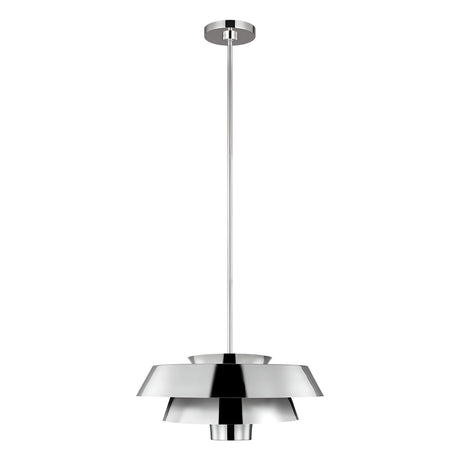The Brisbin 1 Light Pendant - Polished Nickel showcases a contemporary design with polished nickel layers, suspended from a slender rod. Its circular tiers exude a sleek, mid-century modern allure, contributing to a sophisticated and chic atmosphere.