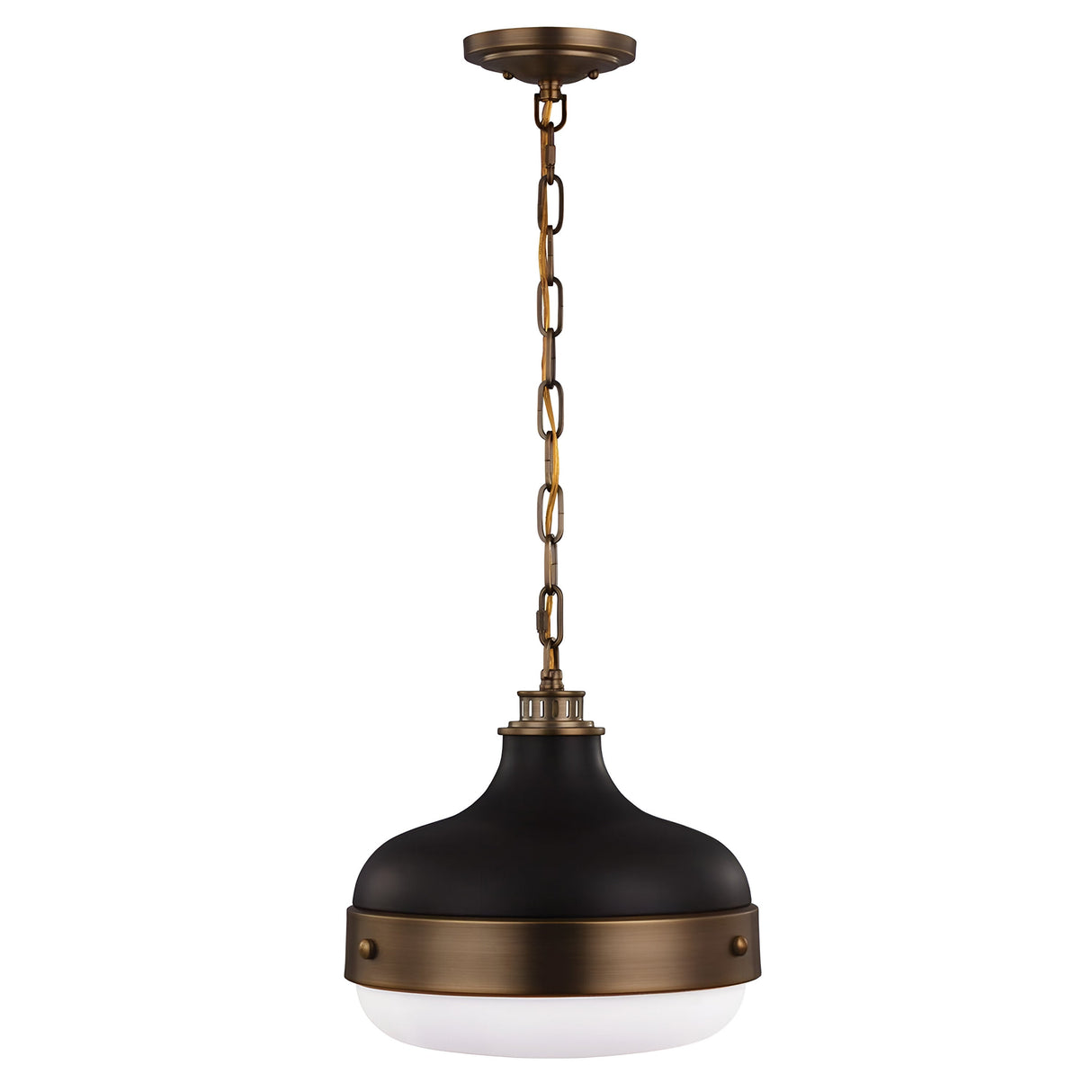 The Cadence 2 Light Pendant in Dark Antique Brass/Matte Black, featuring a frosted white glass shade, exudes industrial lighting charm as it hangs elegantly from a metal chain.