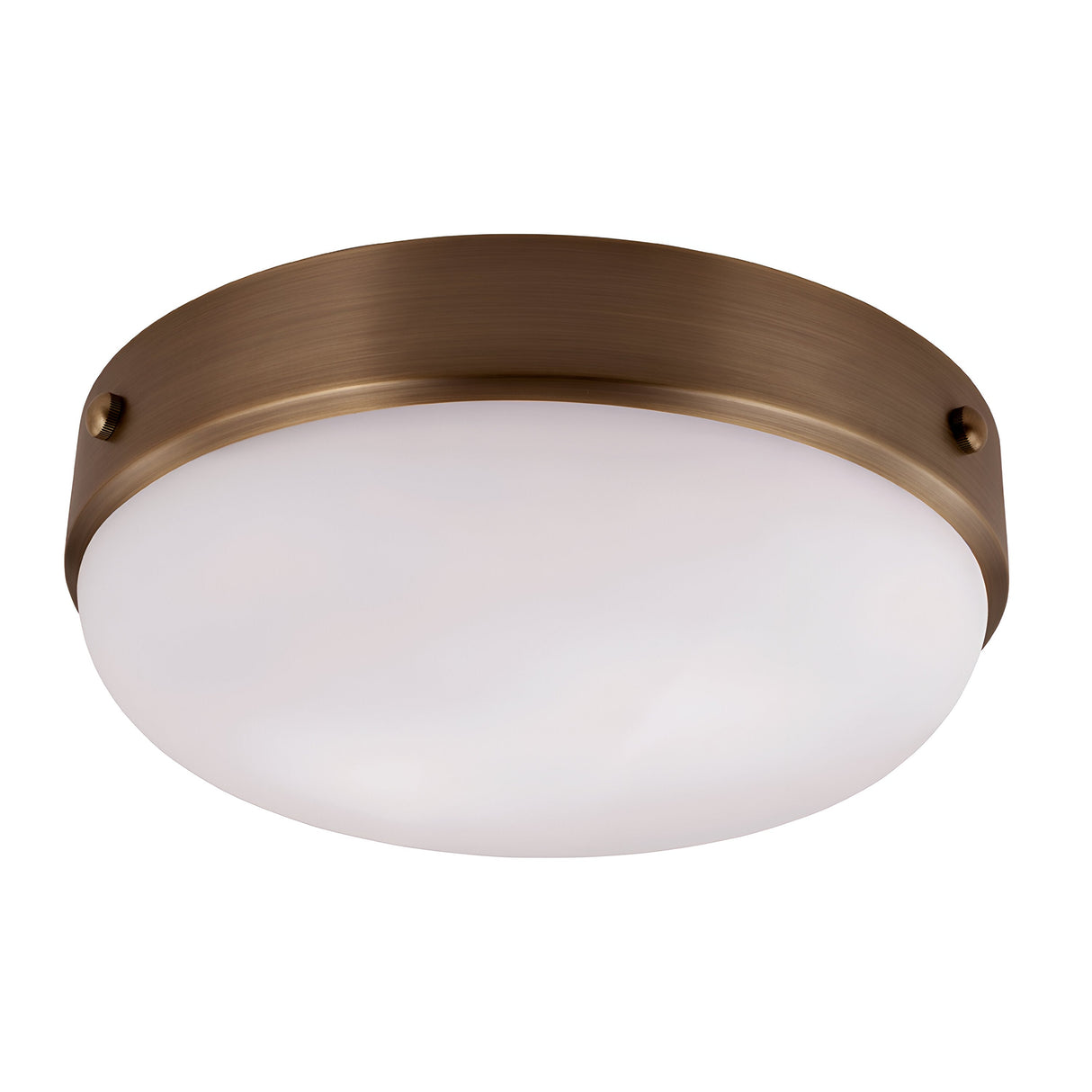 The Cadence 2 Light Flush fixture in Dark Antique Brass showcases a beautiful combination of industrial design and modern elegance with its brushed bronze-like frame and frosted glass cover. Its round shape and flush mounting add an elegant touch to any room.