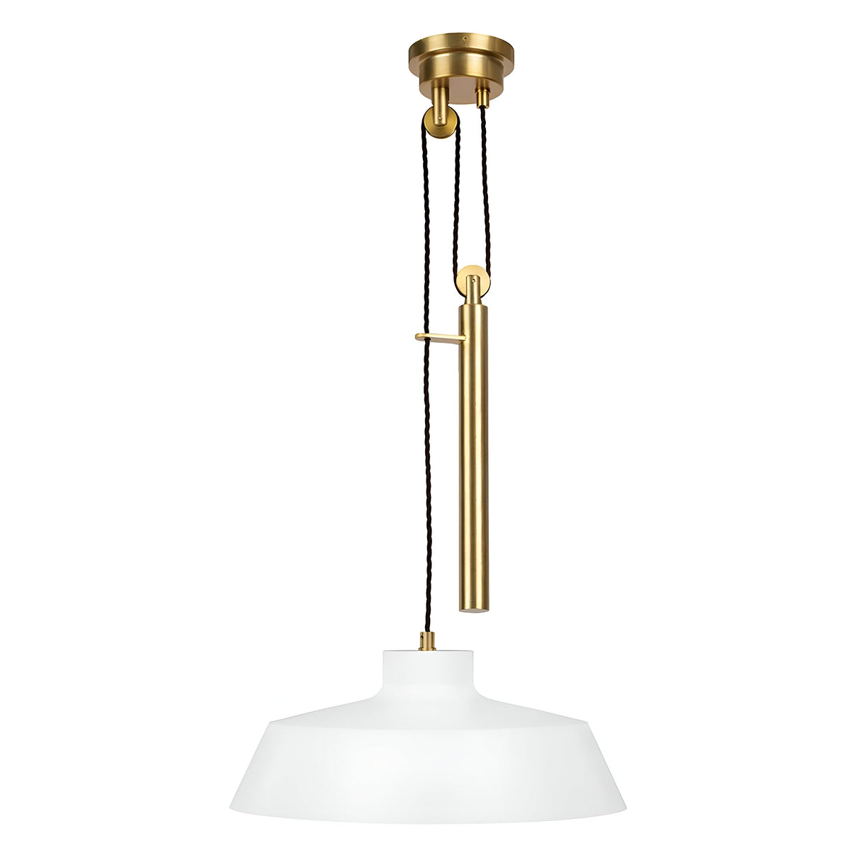 The Candor 1 Light Pendant in Matte White and Brass is a modern vintage lighting piece that boasts a matte white finish complemented by brass fittings. Its design features a central rod and adjustable black cords, offering customizable height for both stylish and functional appeal in any space.