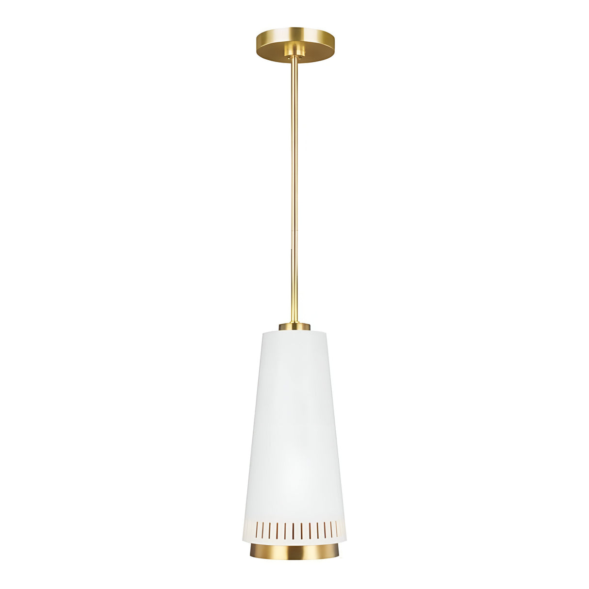 Introducing the Carter 1 Light Pendant, a contemporary lighting solution with a matte white conical shade and elegant brass accents. Designed to complement modern interiors, it offers adjustable lighting options and includes sleek vent-like cutouts near its bottom edge for a minimalistic flair.