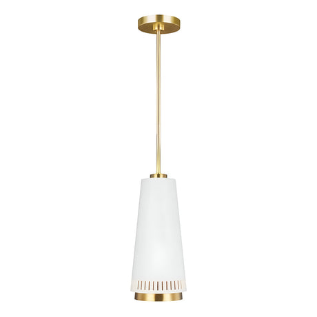 Introducing the Carter 1 Light Pendant, a contemporary lighting solution with a matte white conical shade and elegant brass accents. Designed to complement modern interiors, it offers adjustable lighting options and includes sleek vent-like cutouts near its bottom edge for a minimalistic flair.