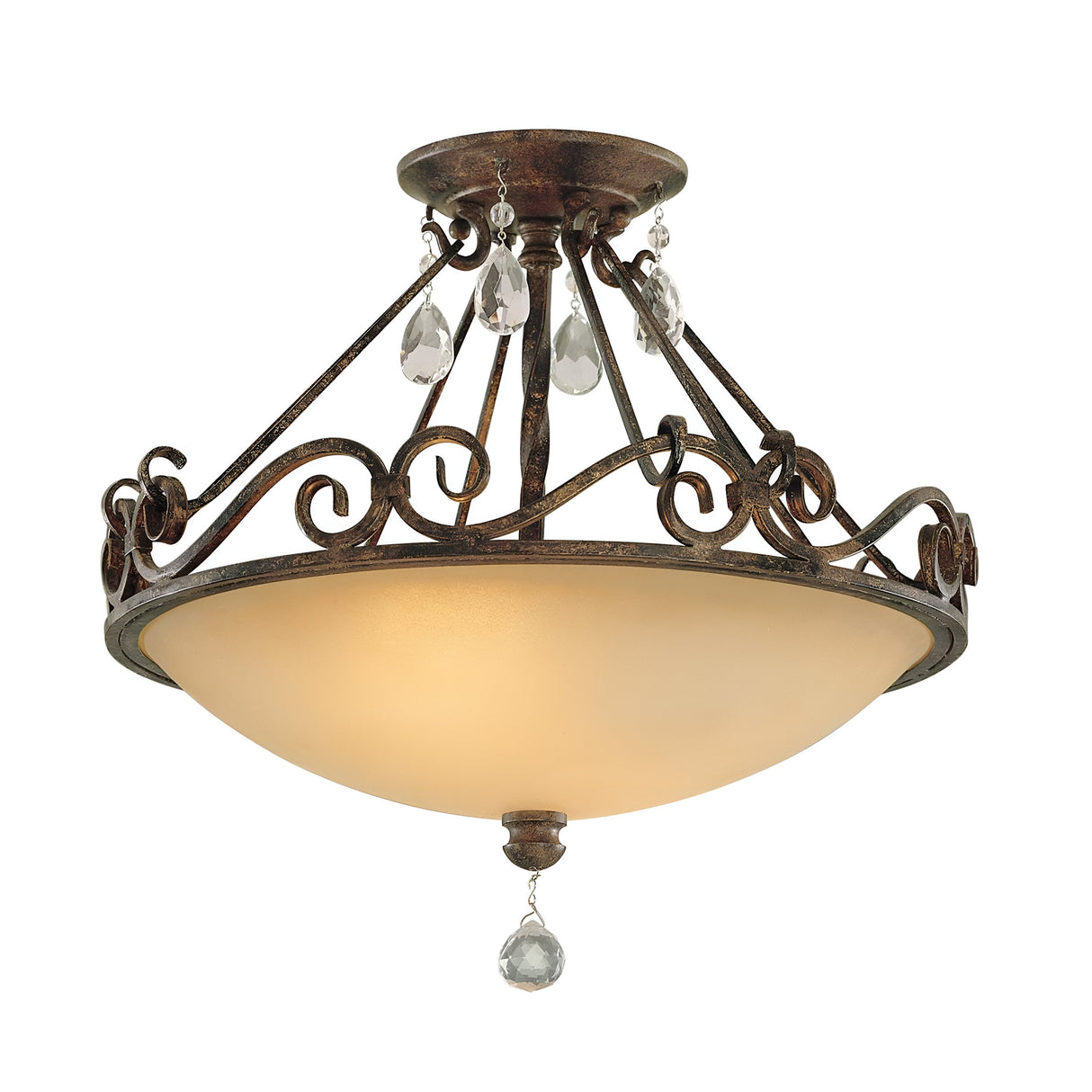 Introducing the Chateau 2 Light Semi Flush in Mocha Bronze, a vintage-style light fixture featuring intricate mocha bronze metalwork and elegant hanging crystal accents. Its bowl-shaped frosted glass shade emits a warm, inviting glow.